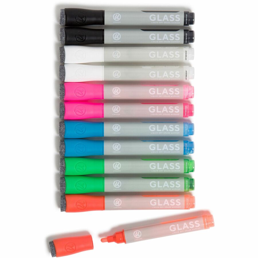 U Brands Magnetic Liquid Glass Markers - Erasable - Assorted Ink - Liquid - Gray Plastic Barrel - 12 / Pack