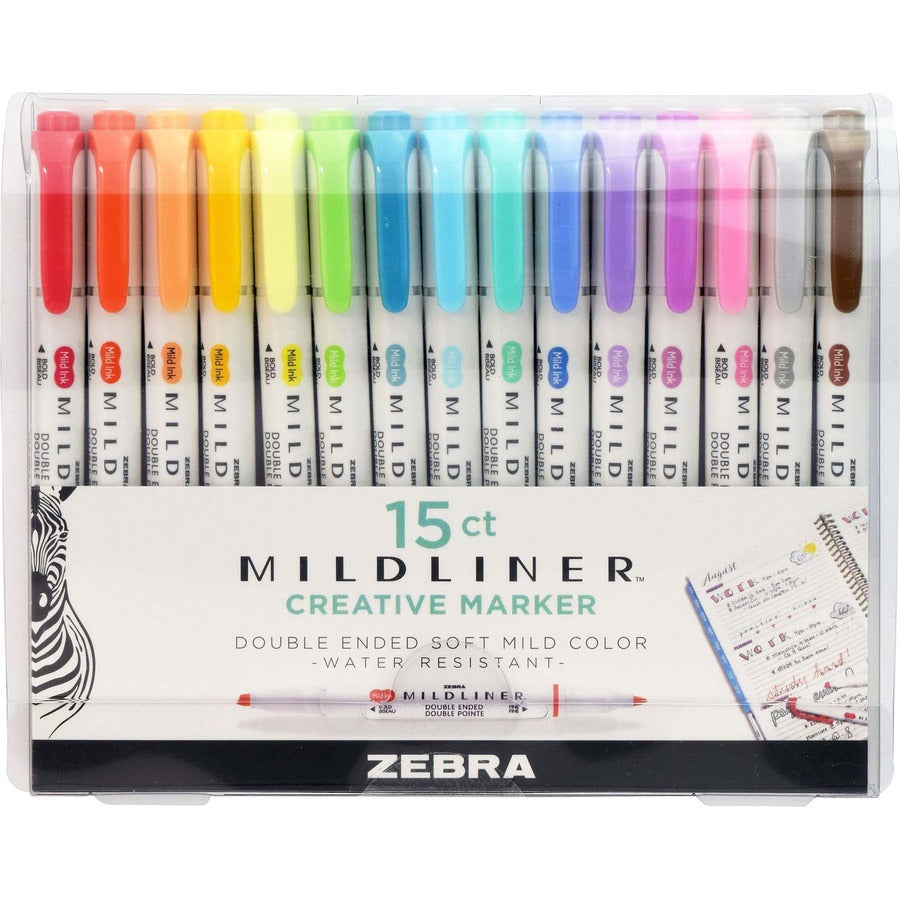 Zebra Pen MILDLINER Dual Ended Creative Marker - Assorted Ink - White Barrel - 15 / Pack