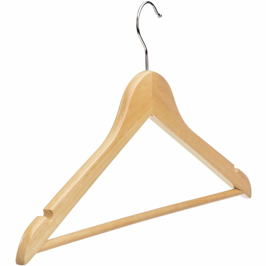Lorell Wooden Coat Hangers - 7.2" Height x 13.8" Width - for Coat, Clothes, Garment - Wooden, Metal - Natural - 30 / Carton