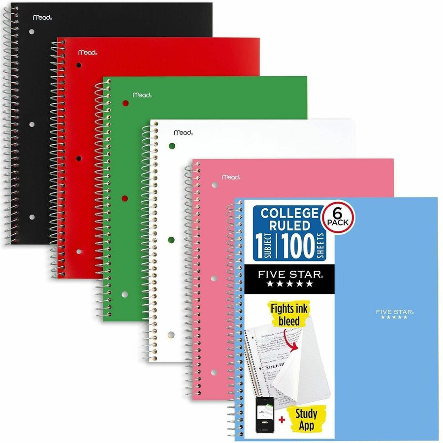 Mead Five Star Subject Spiral Notebook - 1 Subject(s) - 100 Sheets - Wire Bound - 3 Hole(s) - 11" x 8 1/2" Sheet Size - 3" Height x 10" Width x 11" Length - Assorted Plastic, Paperboard Cover - Dual-pocket Divider, Water Resistant, Durable, Bleed Resis...