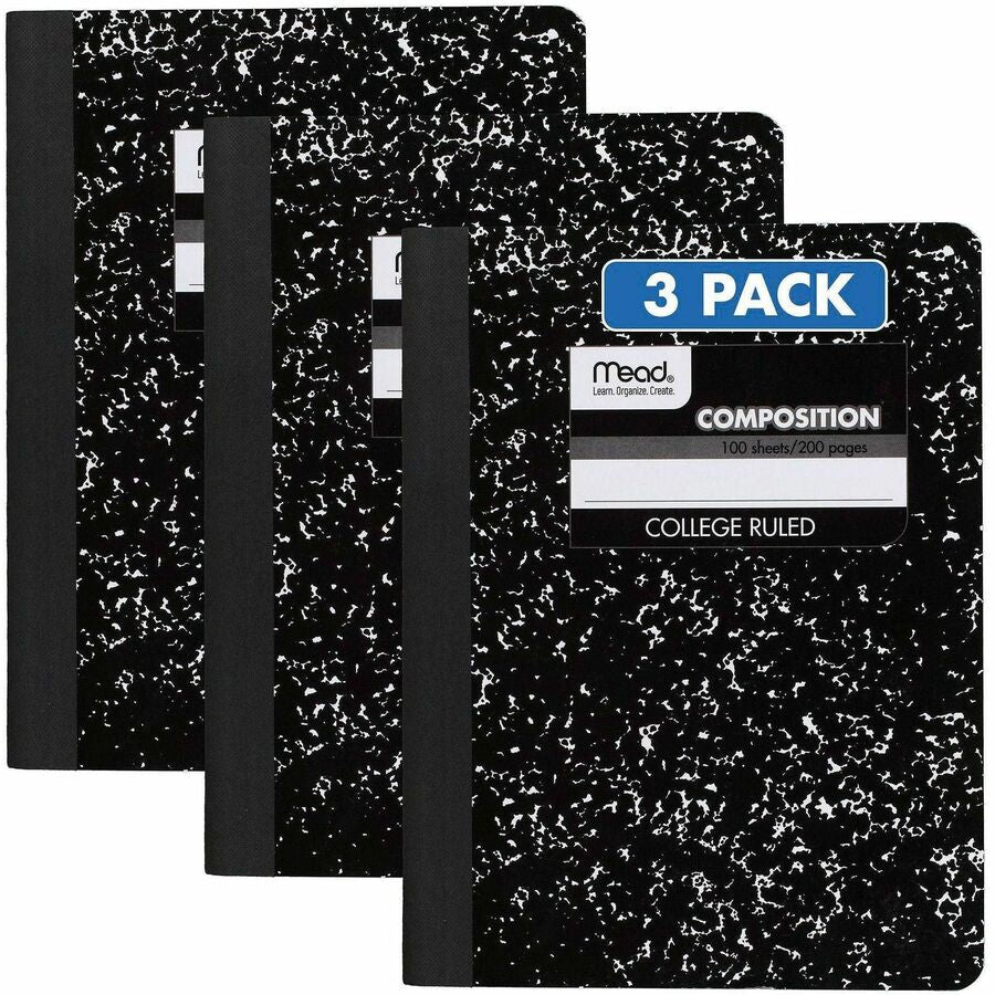 Mead College Ruled Comp Book - 100 Sheets - Sewn - 9 3/4" x 7 1/2" Sheet Size - 9" Height x 7" Width x 0.5" Length - White Paper - Black Marble Cover - Multiplication Table, Conversion Table, Sturdy Cover, Class Schedule - 3 / Pack