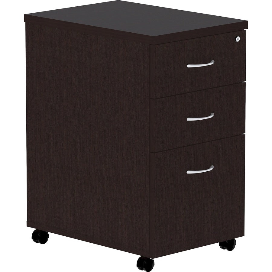 Lorell Essentials Series Box/Box/File Mobile File Cabinet - 28.3" Height x 16" Width x 22" Depth Pedestal, 1" Thickness Top - Finish: Espresso, Silver Brush - Durable, Laminated, Built-in Hangrail, File Drawer, Dual Wheel Caster - 1 Each