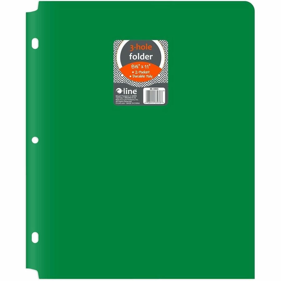 C-Line 2-pocket Heavyweight Poly Portfolio Pocket - 9.4" Width x 11.4" Length x 100 mil Thickness - For Letter 8 1/2" x 11" Sheet - 3 x Holes - Ring Binder - Rectangular - Green - Polypropylene - 25 / Box