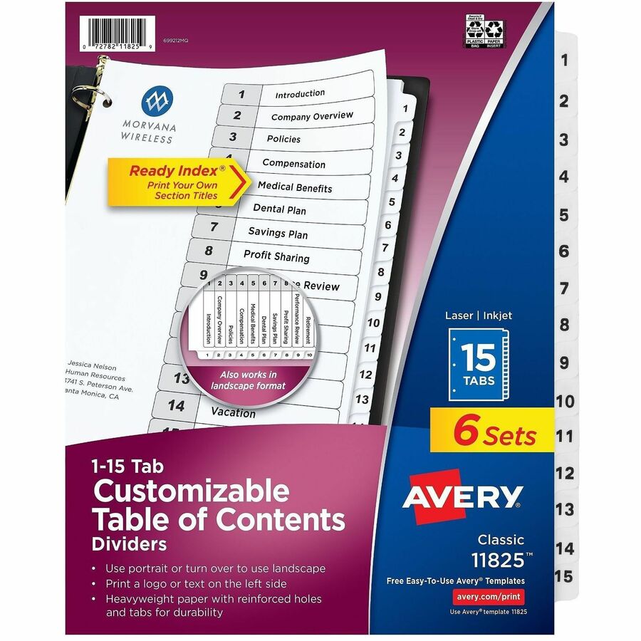 Avery Dividers, 15 Tabs, Ready Index (6 Sets of 11825) - 90 x Divider(s) - 90 Tab(s) - Digit - 1-15, Table of Contents - 15 Tab(s)/Set - 8.5" Divider Width x 11" Divider Length - 3 Hole Punched - White Paper Divider - White Paper Tab(s) - Hole-punched...