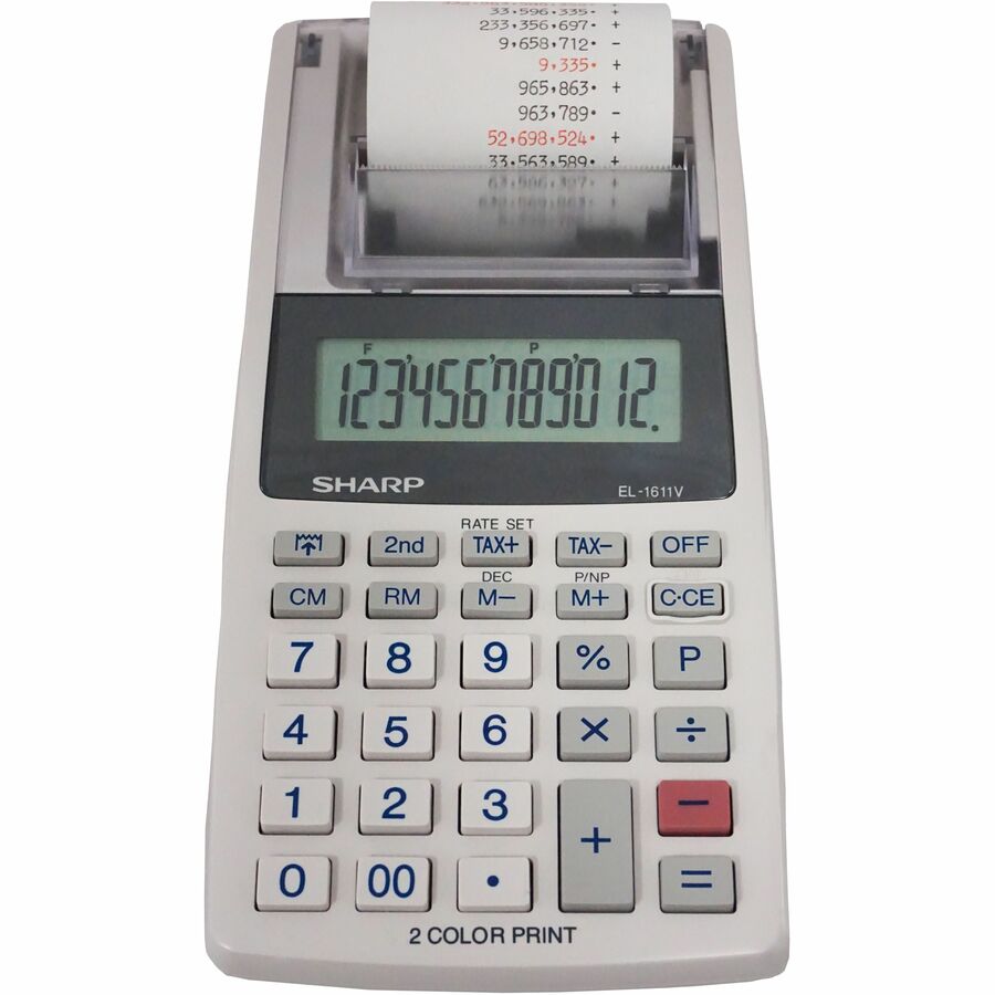 Sharp EL-1611V 12-digit Mini Printing Calculator - Dual Color Print - Black/Red Print - 2 lps - 4-Key Memory, Lightweight, Dual Power, Compact, Cordless - 12 Digits - LCD - Battery/Power Adapter Powered - 4 x AA - 1.7" Height x 3.9" Width x 7.5" Depth...