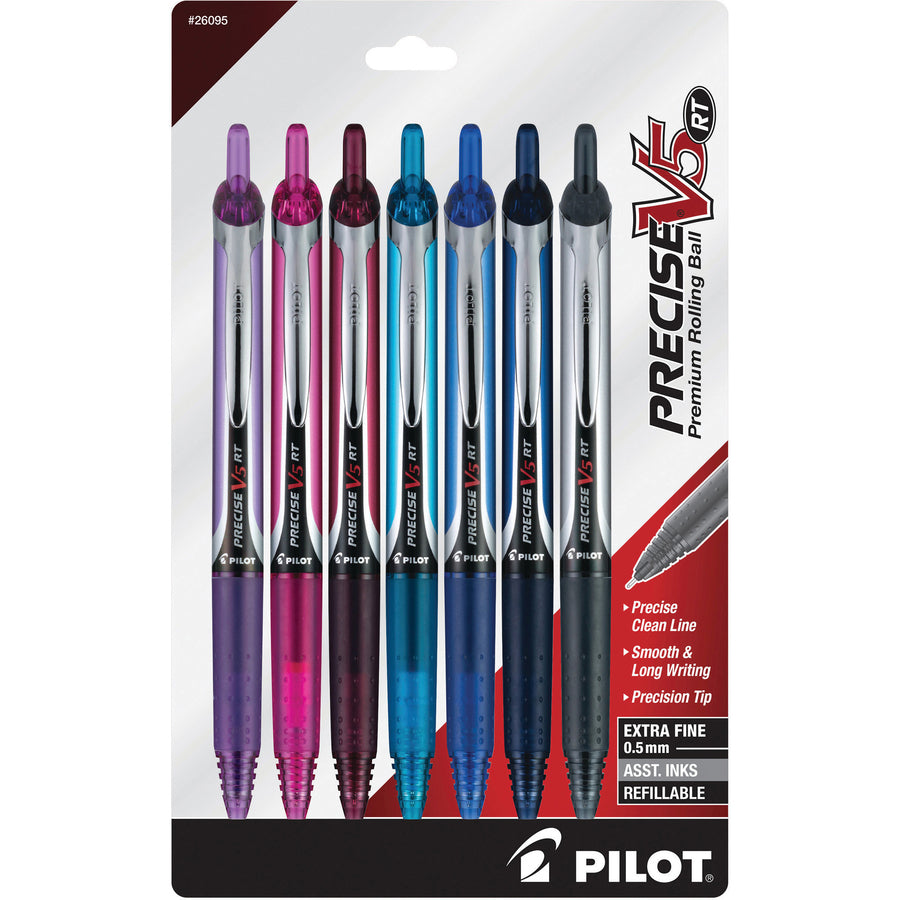 Pilot Premium Rolling Ball Pens - Refillable - Retractable - Navy, Blue, Turquoise, Burgundy, Pink, Purple Ink - Liquid - Writing - 7 / Pack