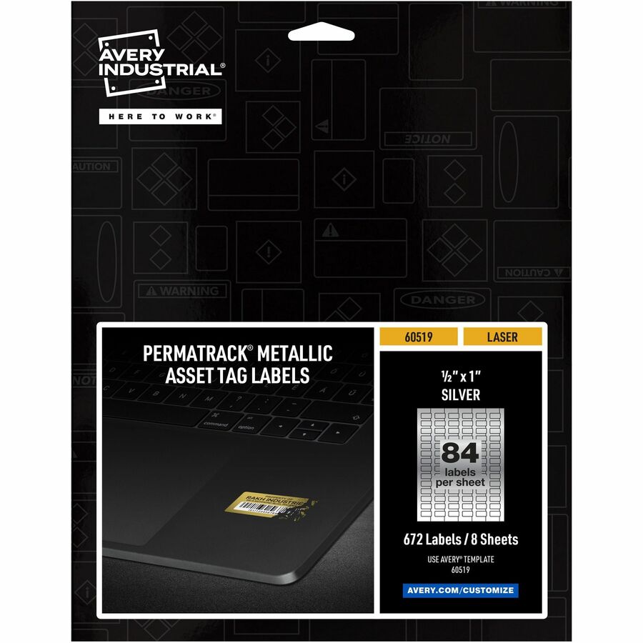 Avery&reg, PermaTrack Metallic Asset Tag Labels, 1/2" x 1" , 672 Asset Tags - Waterproof - 1/2" Width x 1" Length - Permanent Adhesive - Rectangle - Laser - Glossy - Silver - Film - 84 / Sheet - 8 Total Sheets - 672 Total Label(s) - 672 / Pack