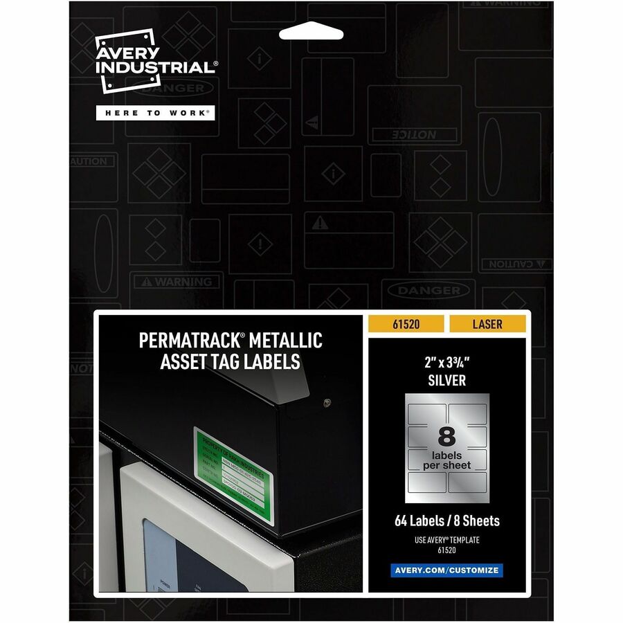Avery&reg, PermaTrack Metallic Asset Tag Labels, 2" x 3-3/4" , 64 Asset Tags - Waterproof - 2" Width x 3 3/4" Length - Permanent Adhesive - Rectangle - Laser - Silver - Film - 8 / Sheet - 8 Total Sheets - 64 Total Label(s) - 64 / Pack