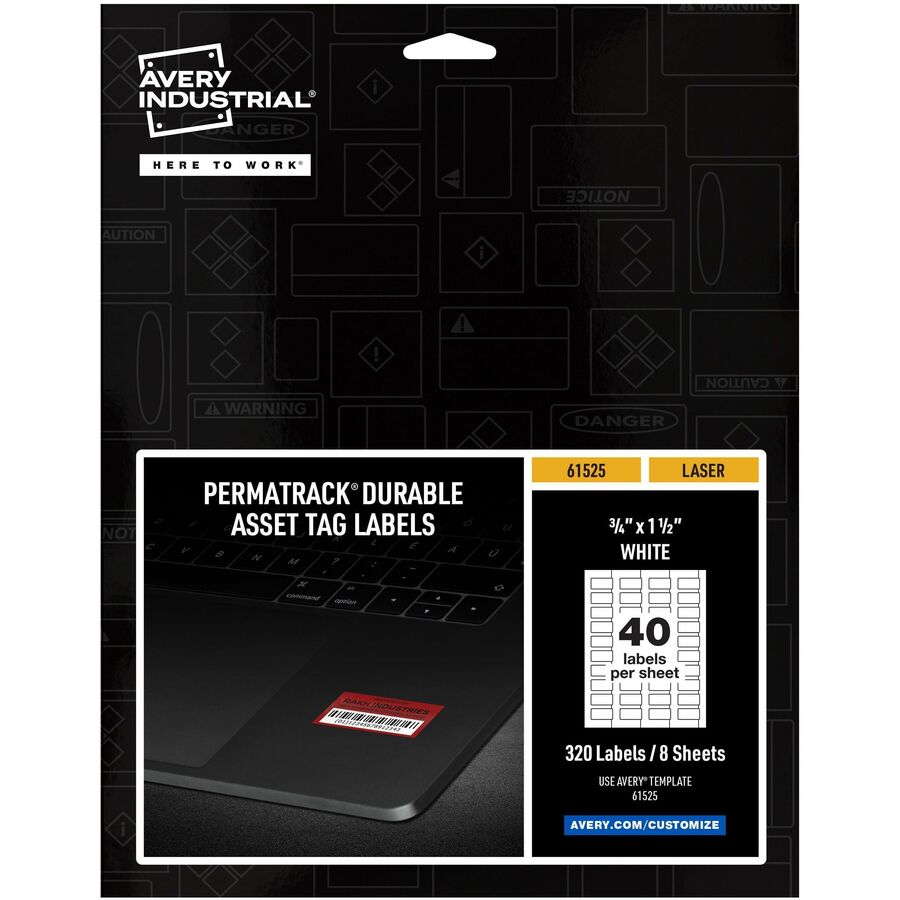 Avery&reg, PermaTrack Durable White Asset Tag Labels, 3/4" x 1-1/2" , 320 Asset Tags - Waterproof - 3/4" Width x 1 1/2" Length - Permanent Adhesive - Rectangle - Laser - Matte White - Matte - Film - Water Resistant - 40 / Sheet - 40 Total Sheets - 320...