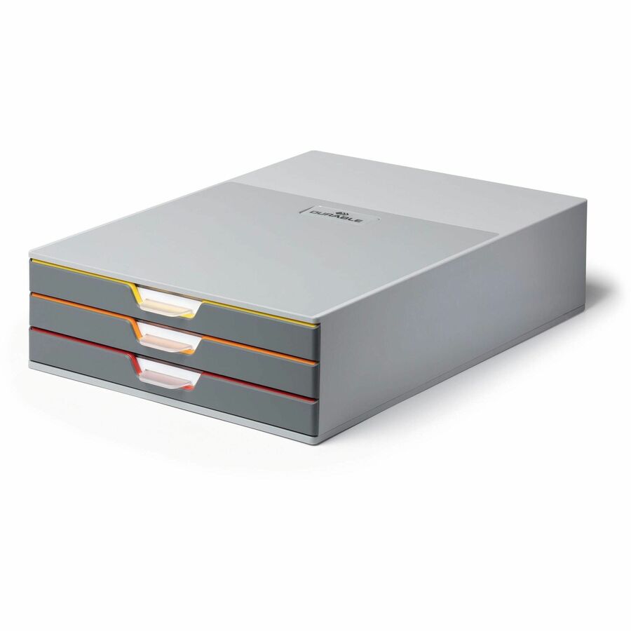 DURABLE VARICOLOR 3 Drawer Desktop Storage Box, Gray/Multicolor - 3 Drawer(s) - 3.75" Height x 11" Width x 14" Depth - Desktop - Stackable, Labeling Area, Non-skid Feet - Gray - Plastic - 1 Each