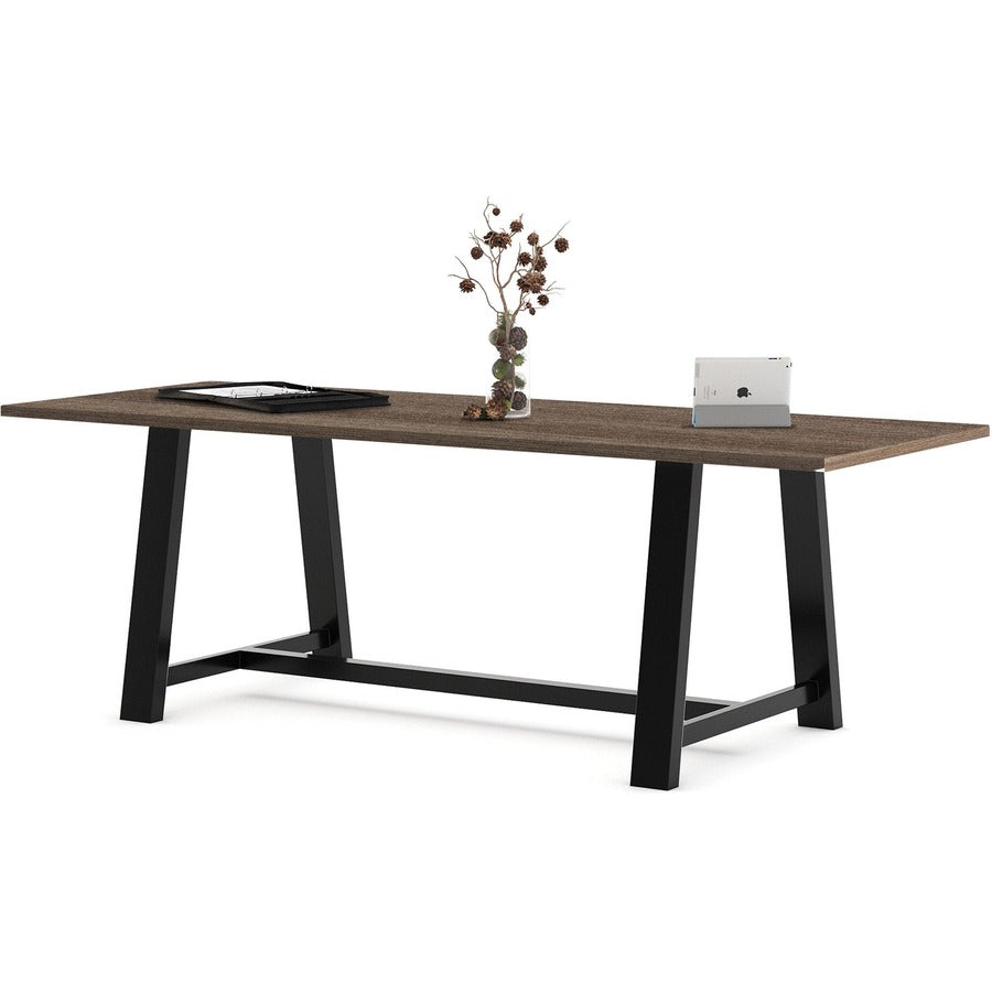 KFI Midtown 36x96x30 HPL Top Table - Teak Rectangle Top - Cross Beam Base - 96" Table Top Length x 36" Table Top Width - 30" Height - Assembly Required - High Pressure Laminate (HPL) Top Material - 1 Each