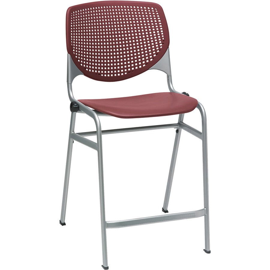 KFI Kool Counter-Height Stackable Stool - Burgundy Seat Color - Polypropylene Seat Material - Burgundy Back Color - Polypropylene, Aluminum Alloy Back Material - Powder Coated Silver Frame Color - Cold Rolled Steel Frame Material - Four-legged Base - 1...