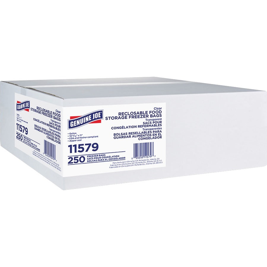 Genuine Joe Freezer Storage Bags - 1 gal Capacity - 2.70 mil (69 Micron) Thickness - Zipper Closure - Clear - Beef, Poultry, Vegetables, Seafood, Food - 250/Box - 6 / Carton