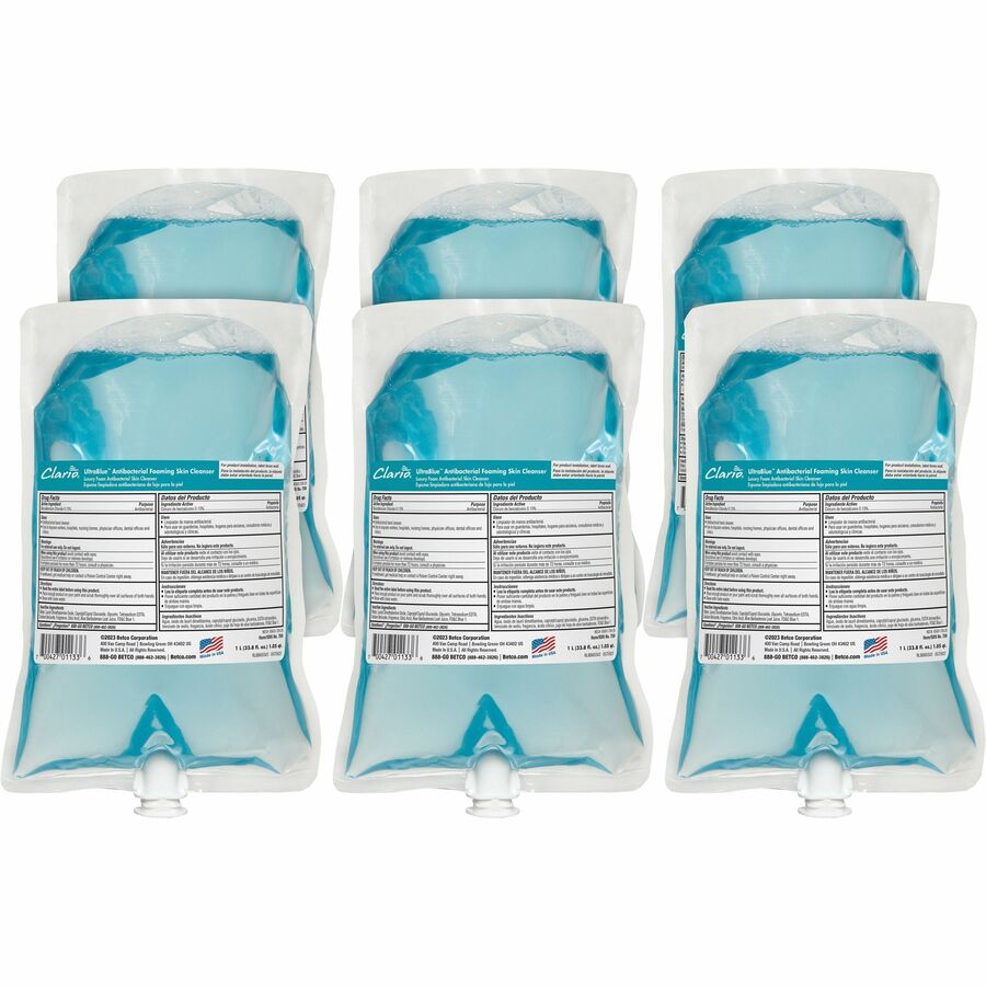 Betco Clario Ultra Blue Antibacterial Skin Cleanser Refills - Foam - 1.06 quart - Clean Ocean - Applicable on Hand - Anti-bacterial - 6 / Carton