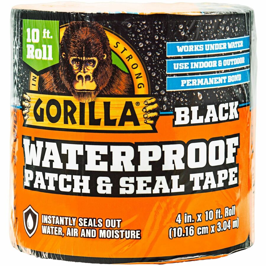 Gorilla Waterproof Patch & Seal Tape - 10 ft Length x 4" Width - Black - UV Resistant - For Indoor, Outdoor, Smooth Surface, Nonporous Surface, Roofing, Window Frame, Gutter, Drainage Pipe, Caravan - 1 Each