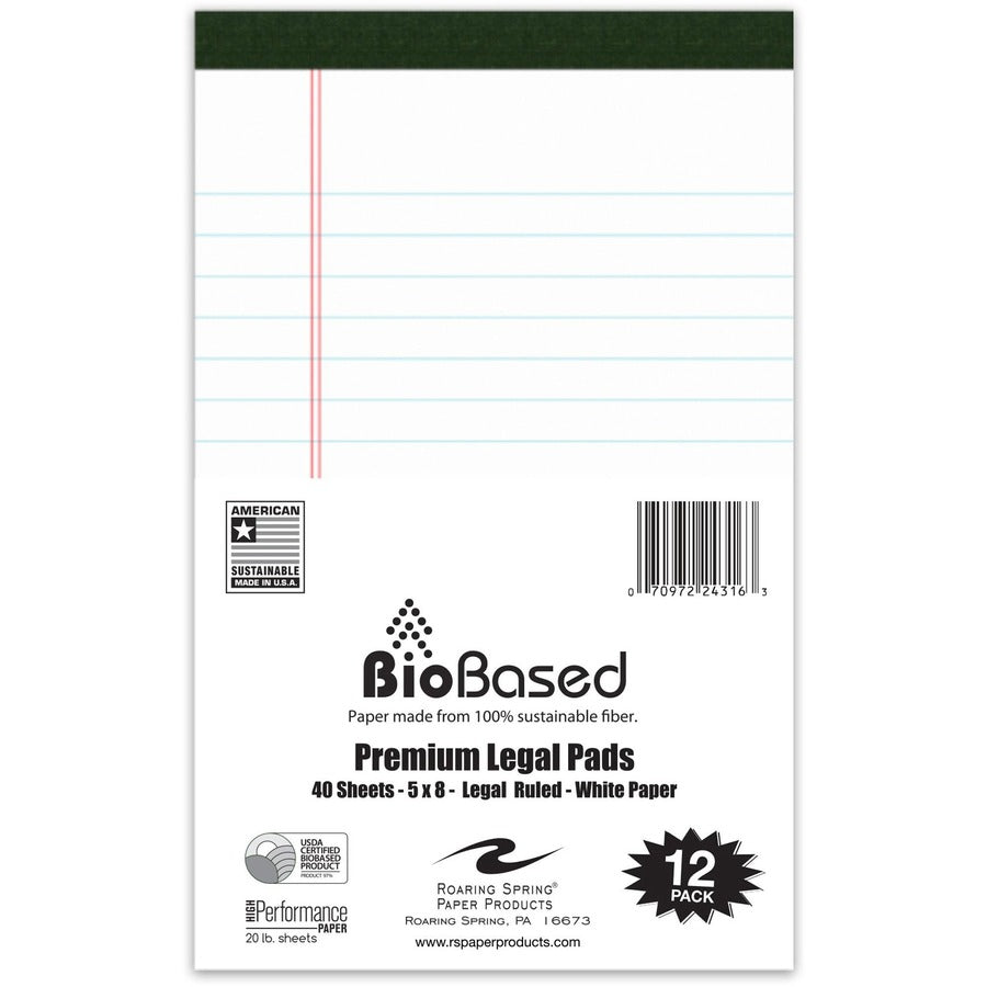 Roaring Spring USDA Certified Bio-Preferred Junior Size Legal Pads - 40 Sheets - 80 Pages - Printed - Stapled/Tapebound - Both Side Ruling Surface - Wide Ruled Front Ruling - 0.34" Ruled - Double Line Red Margin - 20 lb Basis Weight - 75 g/m², Gram...