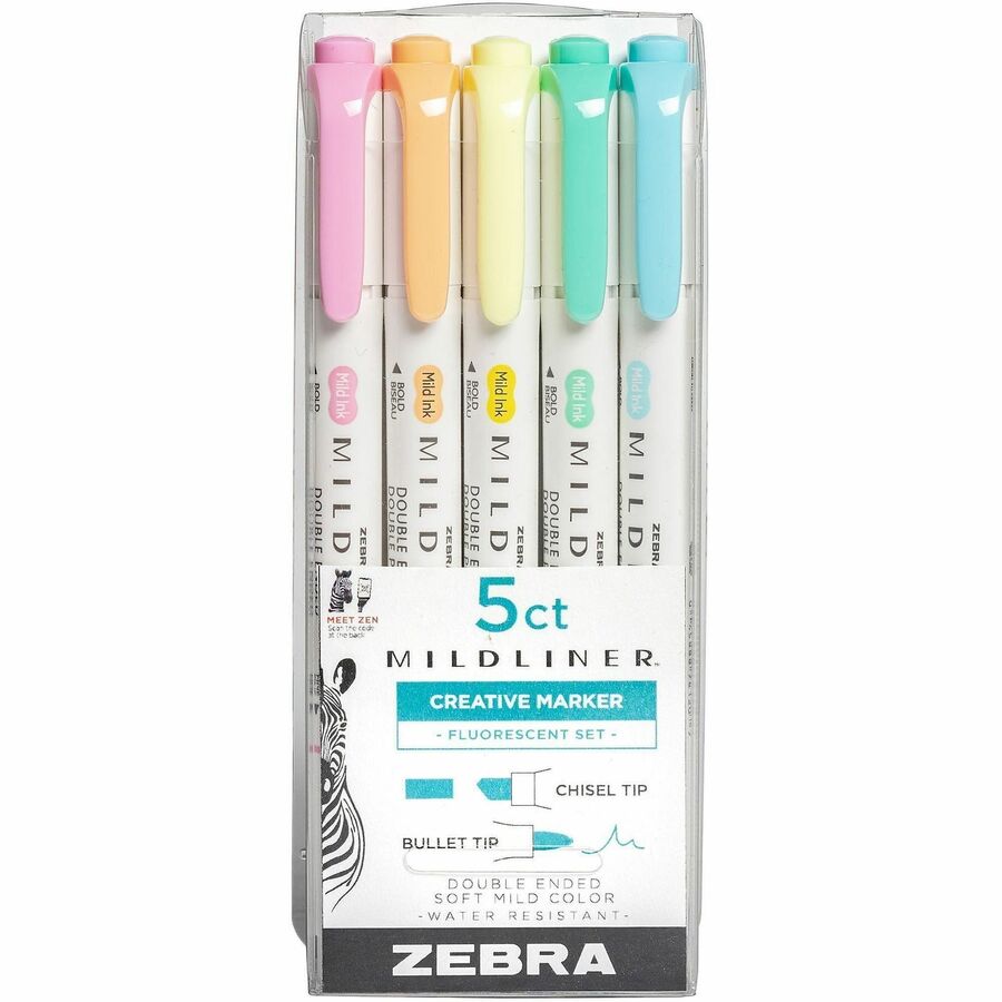 Zebra Pen Mildliner Double Ended Highlighter Assorted Fluorescent 5Pk - Fluorescent Assorted Ink - White Barrel - 5 / Pack