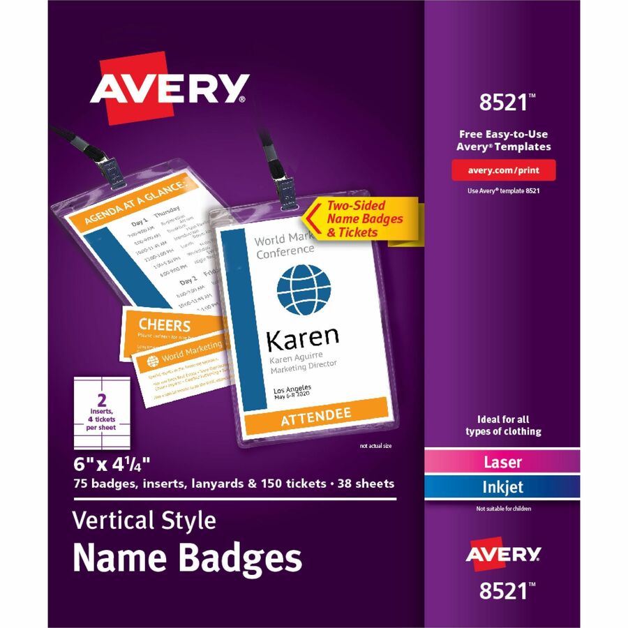 Avery&reg, Vertical Name Badges with Tickets Kit for Laser and Inkjet Printers, 4-1/4" x 6" - PVC Plastic - White - 1 Box