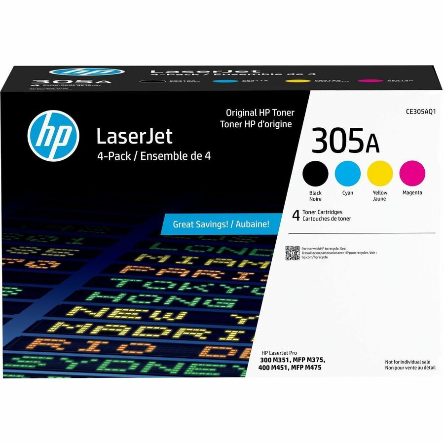 HP 305A (CE305AQ1) Original Laser Toner Cartridge - Combo Pack - Black, Cyan, Magenta, Yellow - 4 / Carton - 1520 Pages Black, 1800 Pages Cyan, 1800 Pages Magenta, 1800 Pages Yellow