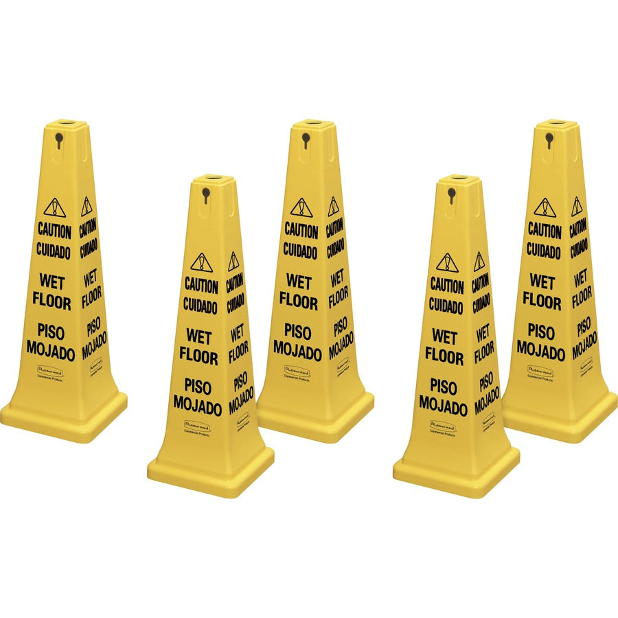 Rubbermaid Commercial 36" Safety Cone - Spanish, English - Print/Message "Caution" , "Wet Floor" - 12.2" Width x 36" Height x 12.2" Depth - Cone Shape - Stackable, Sturdy - Plastic - Bright Yellow, Bright Yellow - 5 / Carton