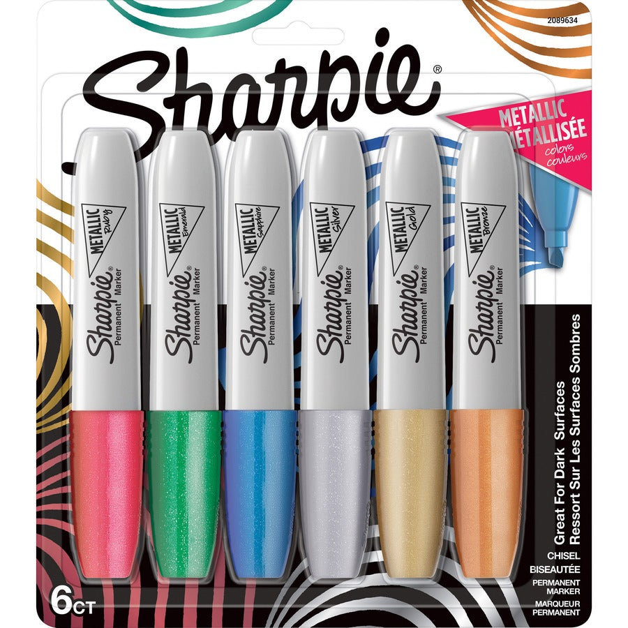 Sharpie Metallic Ink Chisel Tip Permanent Markers - Gold Metallic, Silver Metallic, Bronze Metallic, Ruby Metallic, Emerald Metallic, Sapphire Metallic Ink - 6 / Pack