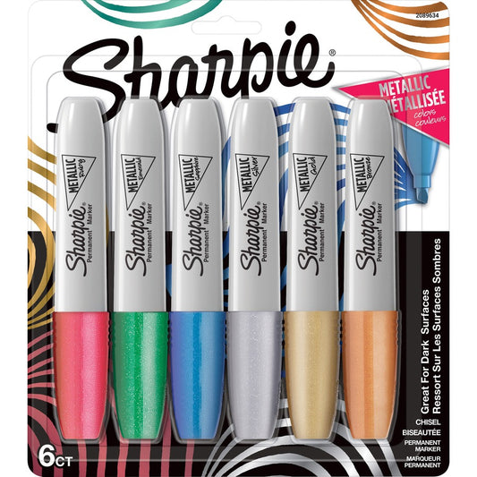 Sharpie Metallic Ink Chisel Tip Permanent Markers - Gold Metallic, Silver Metallic, Bronze Metallic, Ruby Metallic, Emerald Metallic, Sapphire Metallic Ink - 6 / Pack