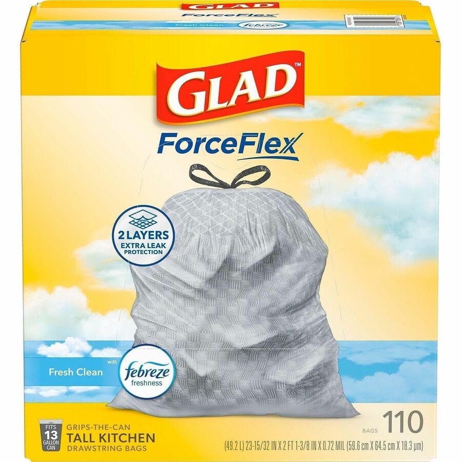 Glad ForceFlex Tall Kitchen Drawstring Trash Bags - Fresh Clean with Febreze Freshness - 13 gal Capacity - 25.38" Length x 23.75" Width x 0.72 mil (18 Micron) Thickness - Drawstring Closure - White - Home, Office - 110/Box - 1 Box