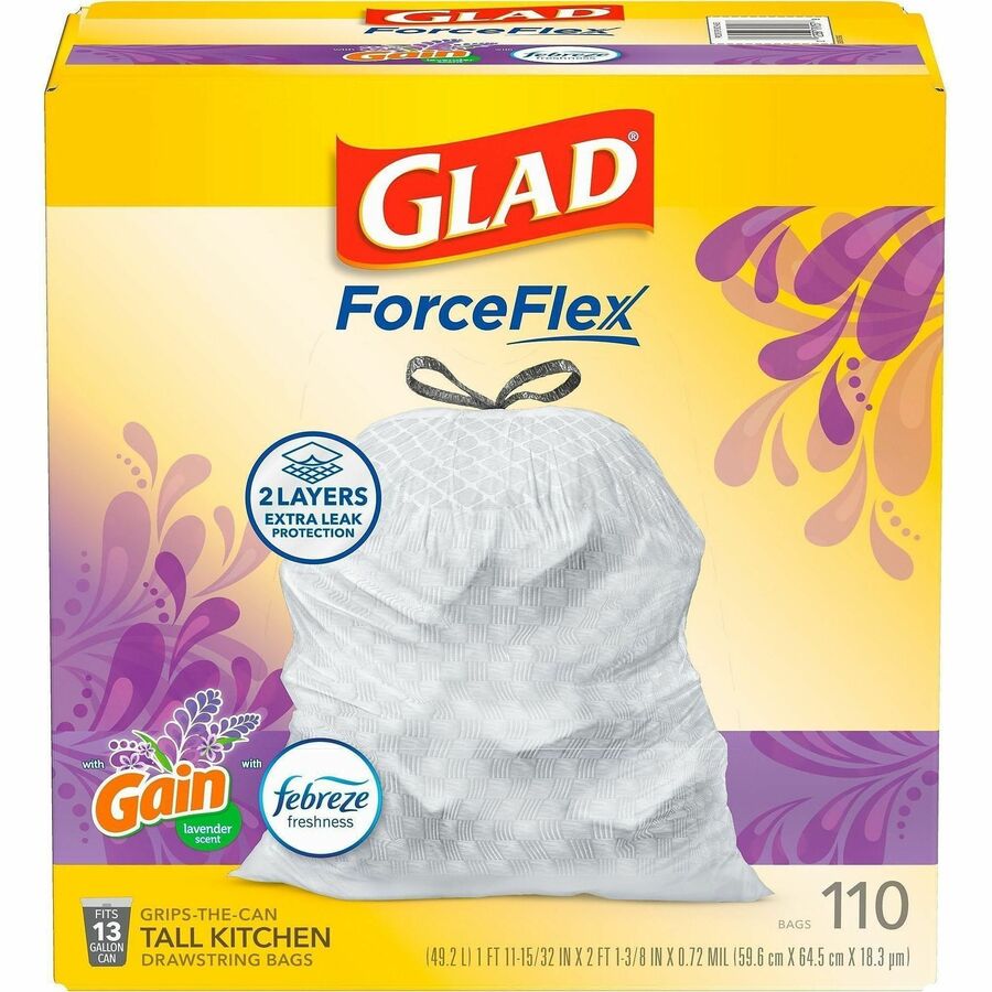 Glad ForceFlex Tall Kitchen Drawstring Trash Bags - Gain Lavender with Febreze Freshness - 13 gal Capacity - 25.38" Length x 23.75" Width x 0.72 mil (18 Micron) Thickness - Drawstring Closure - White - Home, Office/ - 1 Box