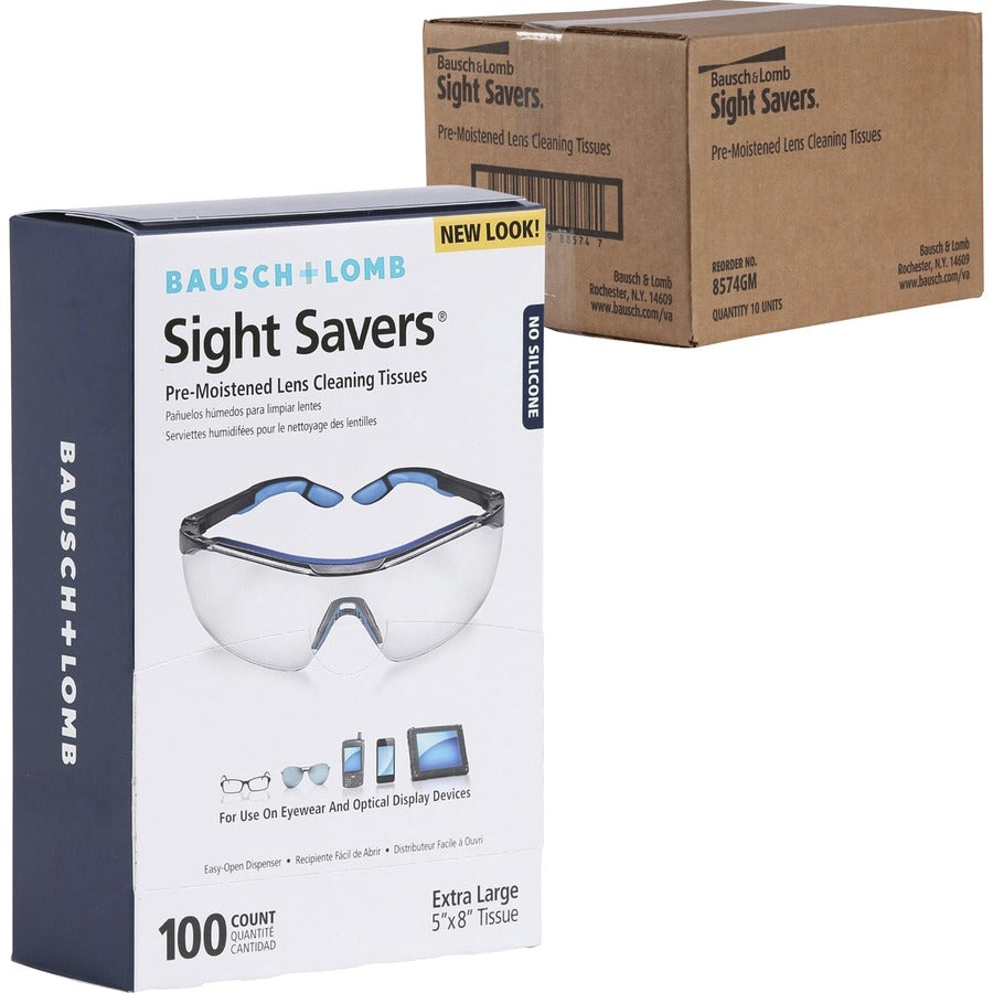 Bausch + Lomb Sight Savers Lens Cleaning Tissues - For Reading Glasses, Eyeglasses, Monitor, Camera Lens, Binocular - Anti-fog, Anti-static, Pre-moistened, Silicone-free, Individually Wrapped - Multi - 100/Box - 5 / Carton