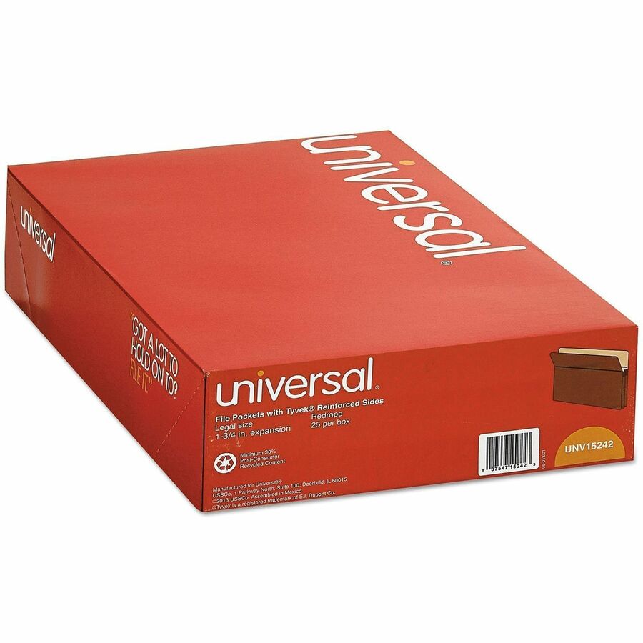 Universal Straight Tab Cut Legal Expanding File - 8 1/2" x 14" - Capacity1 3/4" Expansion - 1 Pocket - Top Tab Position - Redrope - 30% Recycled - 25 / Box