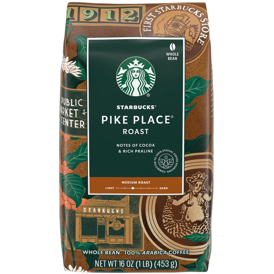 Starbucks Whole Bean Pike Place Roast Coffee - Medium - 16 oz - Whole Bean - Pike Place - 1 Each