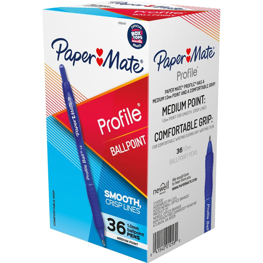 Paper Mate Profile 1.0mm Ballpoint Pens - Retractable - Blue Ink - Blue Barrel - 36 / Box
