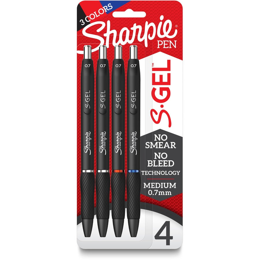 Sharpie S-Gel Pens - Refillable - Retractable - Black, Blue, Red Ink - Gel-based - Black Barrel - 4 / Pack