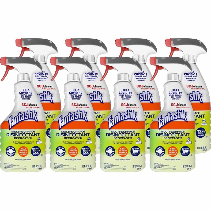 fantastik&reg, Multisurface Disinfectant Degreaser Spray - 32 fl oz (1 quart) - Fresh Scent - Disinfectant, Easy to Use, Rinse-free - Green - 8 / Carton