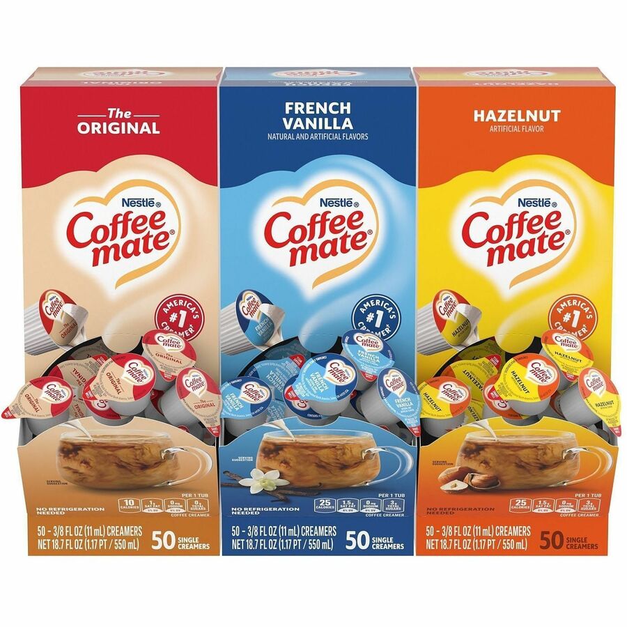 Coffee mate Nondairy Liquid Creamer Singles - Variety Pack - Original, Hazelnut, French Vanilla Flavor - 0.38 fl oz (11 mL) - 150 Serving - 50/Box - 3 / Carton