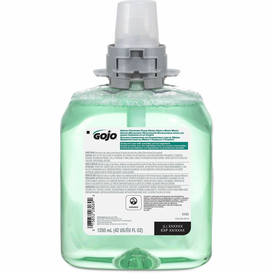 Gojo&reg, FMX-12 Refill Green Certified Hair/Body Wash - Cucumber Melon Scent - 42.3 fl oz (1250 mL) - Kill Germs - Body, Hair - Green - Residue-free - 1 Each
