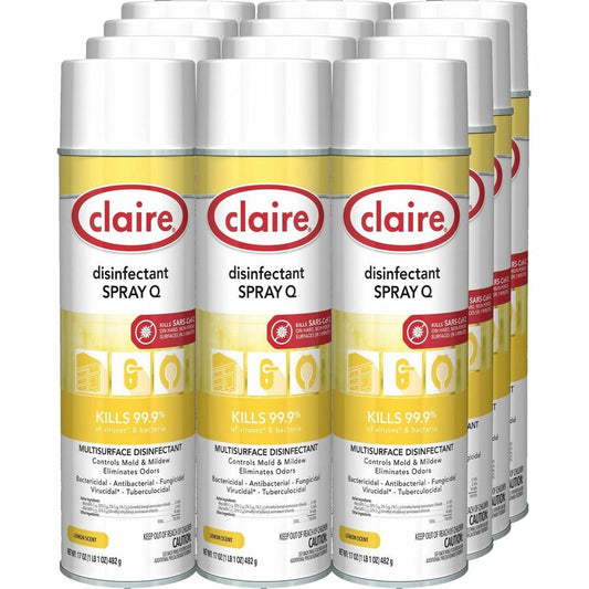 Claire Multipurpose Disinfectant Spray - Ready-To-Use - 17 fl oz (0.5 quart) - Lemon Scent - Antibacterial - Yellow - 12 / Carton