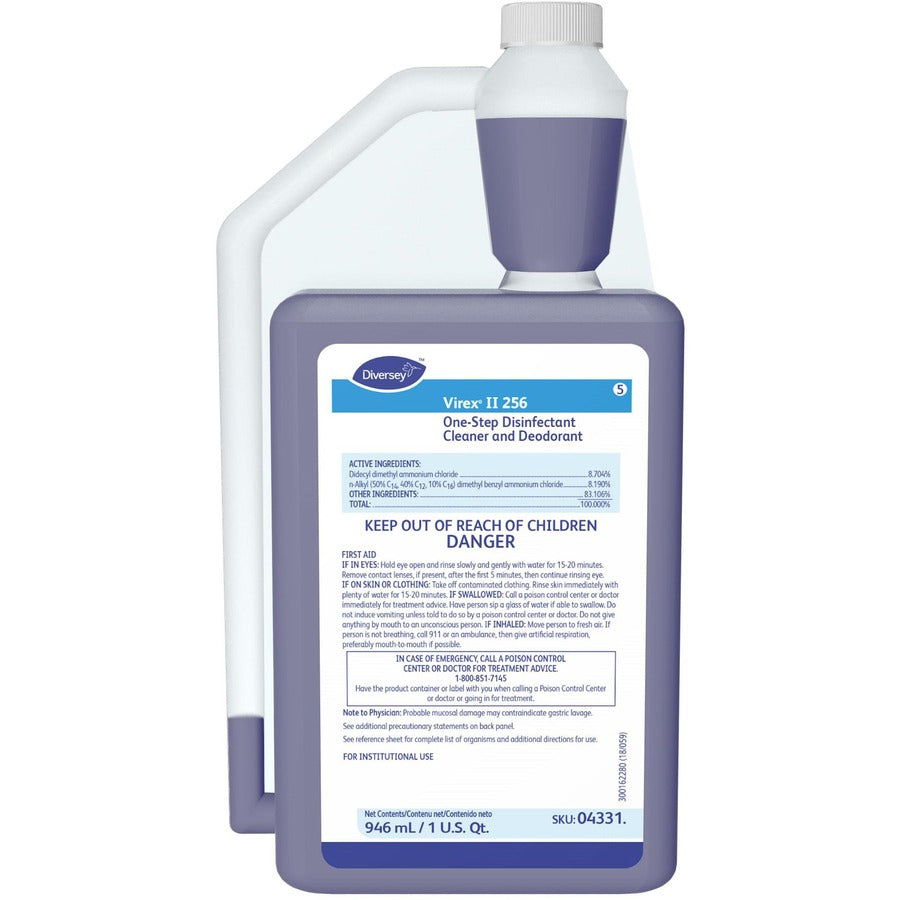 Diversey Virex II 256 Disinfectant Cleaner - Concentrate - 32 fl oz (1 quart) - Minty Scent - Deodorant, Antibacterial, Non-porous - Blue - 6 / Carton