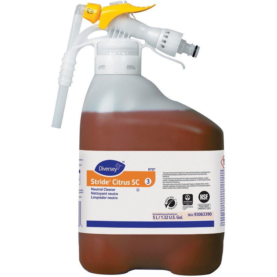 Diversey Stride Citrus Neutral Cleaner - Concentrate - 169.1 fl oz (5.3 quart) - Citrus Scent - Non Alkaline, Low Foaming, pH Neutral, Film-free, Phosphorous-free - Orange - 1 Carton