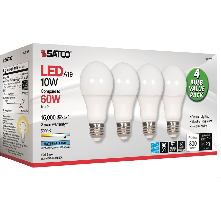 Satco 10W A19 LED 5000K Light Bulbs - 10 W - 60 W Incandescent Equivalent Wattage - 120 V AC - 800 lm - A19 Size - Frosted White - Natural Light Light Color - E26 Base - 15000 Hour - 5000&deg, K Color Temperature - 94 CRI - 220&deg, Beam Angle - 4 / Pack