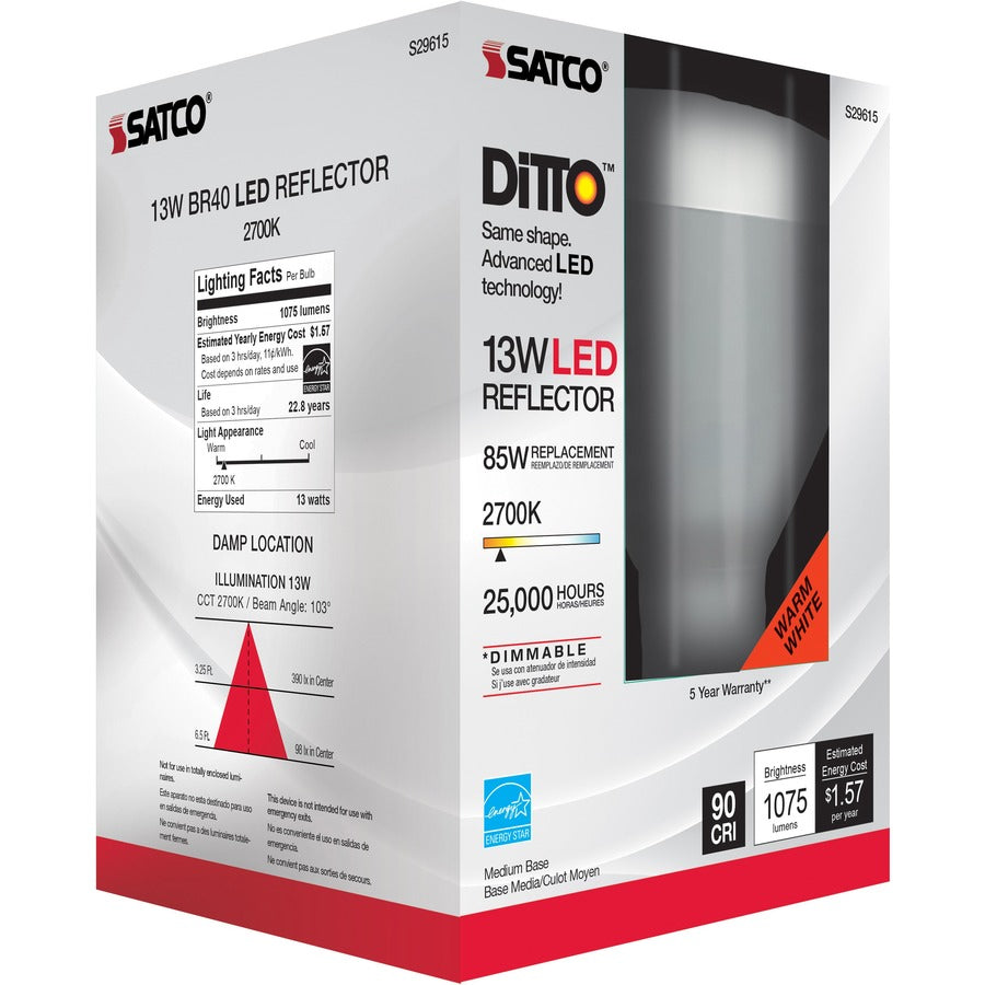 Satco Frosted LED Bulbs - 13 W - 85 W Incandescent Equivalent Wattage - 120 V AC - 1075 lm - BR40 Size - Frosted White - Warm White Light Color - E26 Base - 25000 Hour - 2700&deg, K Color Temperature - 95 CRI - 103&deg, Beam Angle - Dimmable - Reflector..