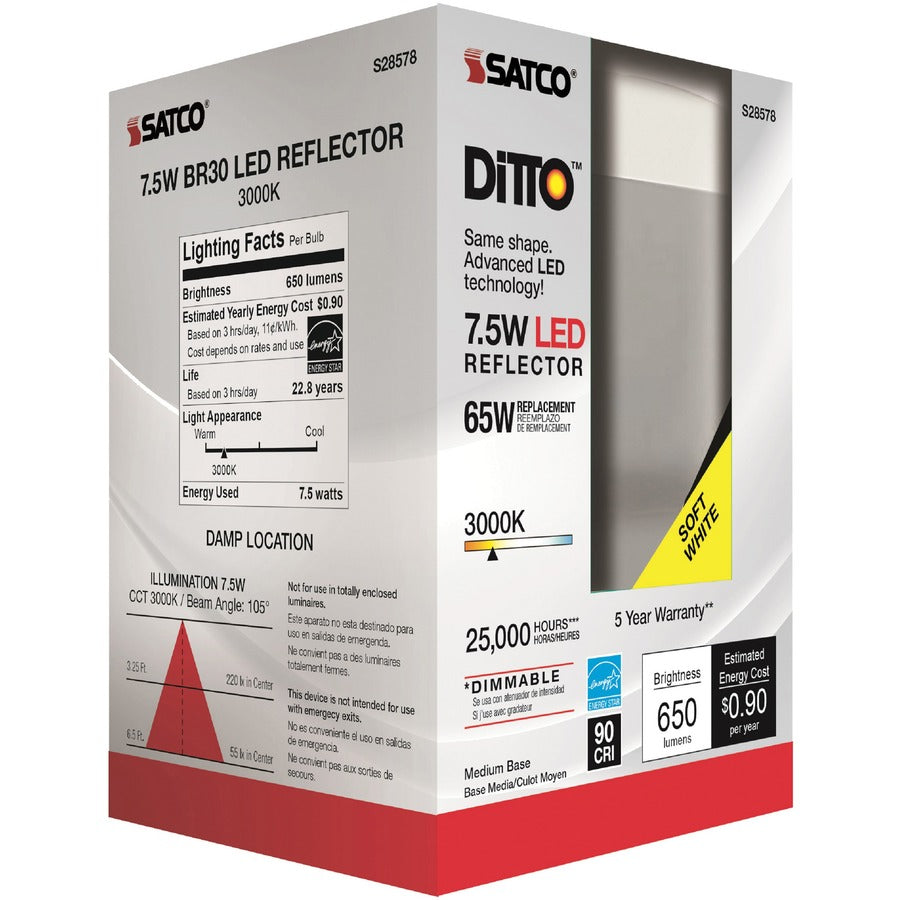 Satco Frosted LED Bulbs - 7.50 W - 65 W Incandescent Equivalent Wattage - 120 V AC - 650 lm - BR30 Size - Frosted White - Warm White Light Color - E26 Base - 25000 Hour - 3000&deg, K Color Temperature - 93 CRI - 105&deg, Beam Angle - Dimmable - Reflecto..
