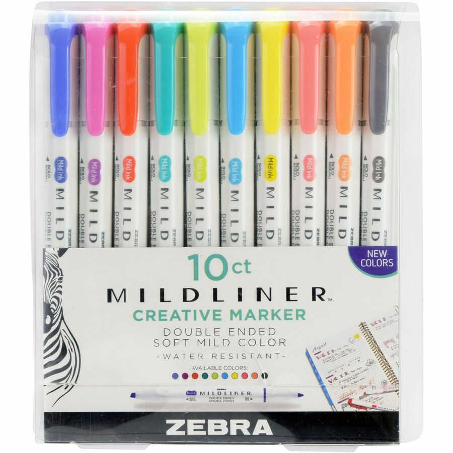 Zebra MILDLINER Dual Ended Creative Marker - Mild Lavender, Mild Spring Green, Mild Citrus Green, Mild Marigold, Mild Fuchsia, Mild Dark Gray, Mild Cyan, Mild Coral Pink, Mild Apricot, Mild Lemon Yellow Ink - Water Based - White Plastic Barrel - 1 Pack