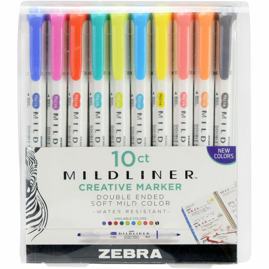 Zebra MILDLINER Dual Ended Creative Marker - Mild Lavender, Mild Spring Green, Mild Citrus Green, Mild Marigold, Mild Fuchsia, Mild Dark Gray, Mild Cyan, Mild Coral Pink, Mild Apricot, Mild Lemon Yellow Ink - Water Based - White Plastic Barrel - 1 Pack