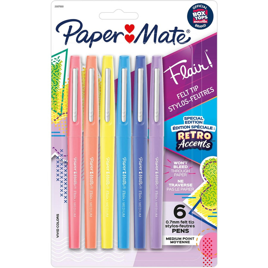 Paper Mate Flair Medium Point Pens - 0.7 mm Pen Point - Yellow, Sky Blue, Lilac, Blueberry Bubble Gum, Papaya, Guava Ink - Water Based - 6 / Pack