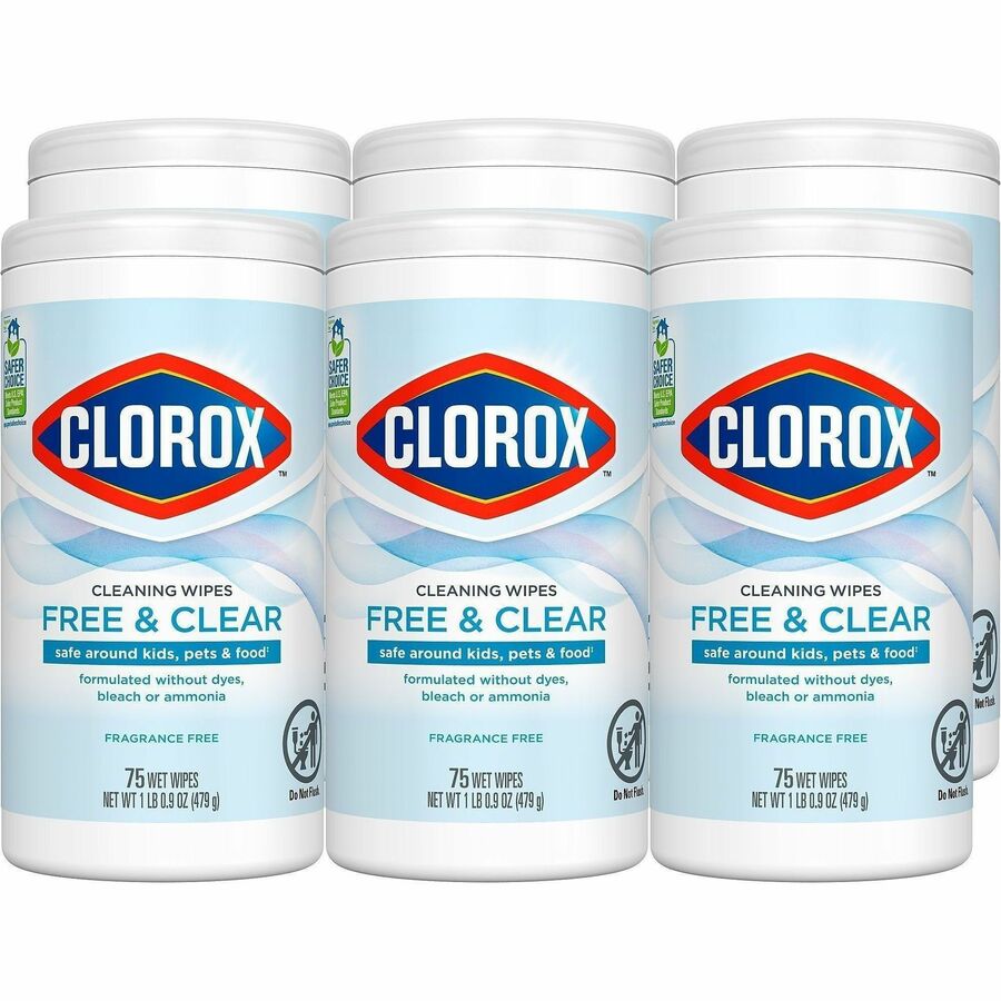 Clorox Free & Clear Cleaning Wipes - 4.25" Length x 4.25" Width - Fragrance-free, Dye-free, Residue-free, Durable - White - 75/Tub - 6 / Carton