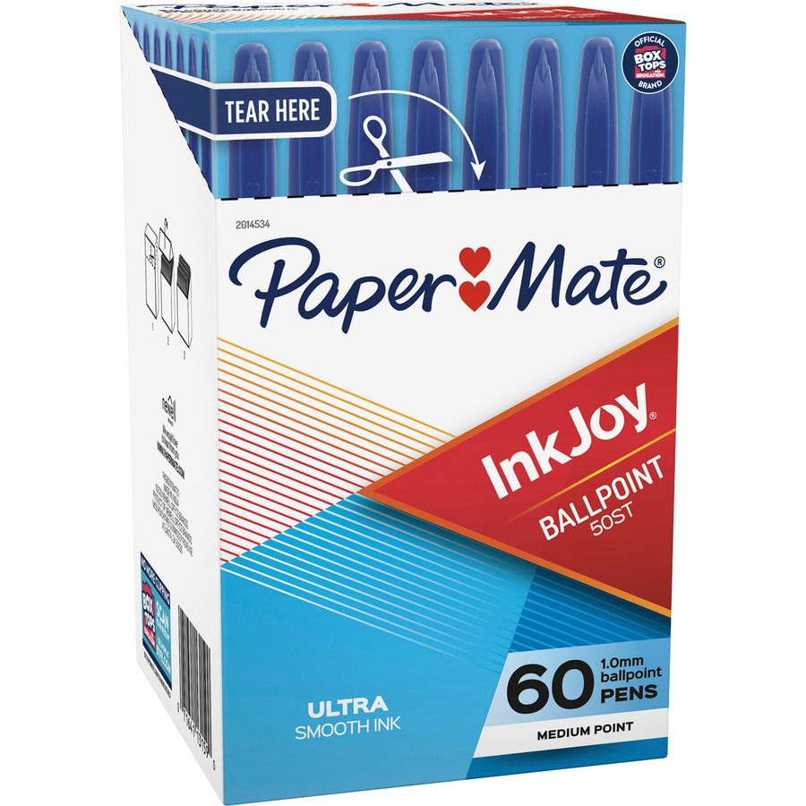Paper Mate InkJoy Ballpoint Pen - Blue Ink - Oil Based - Clear Plastic Barrel - 60 / Box