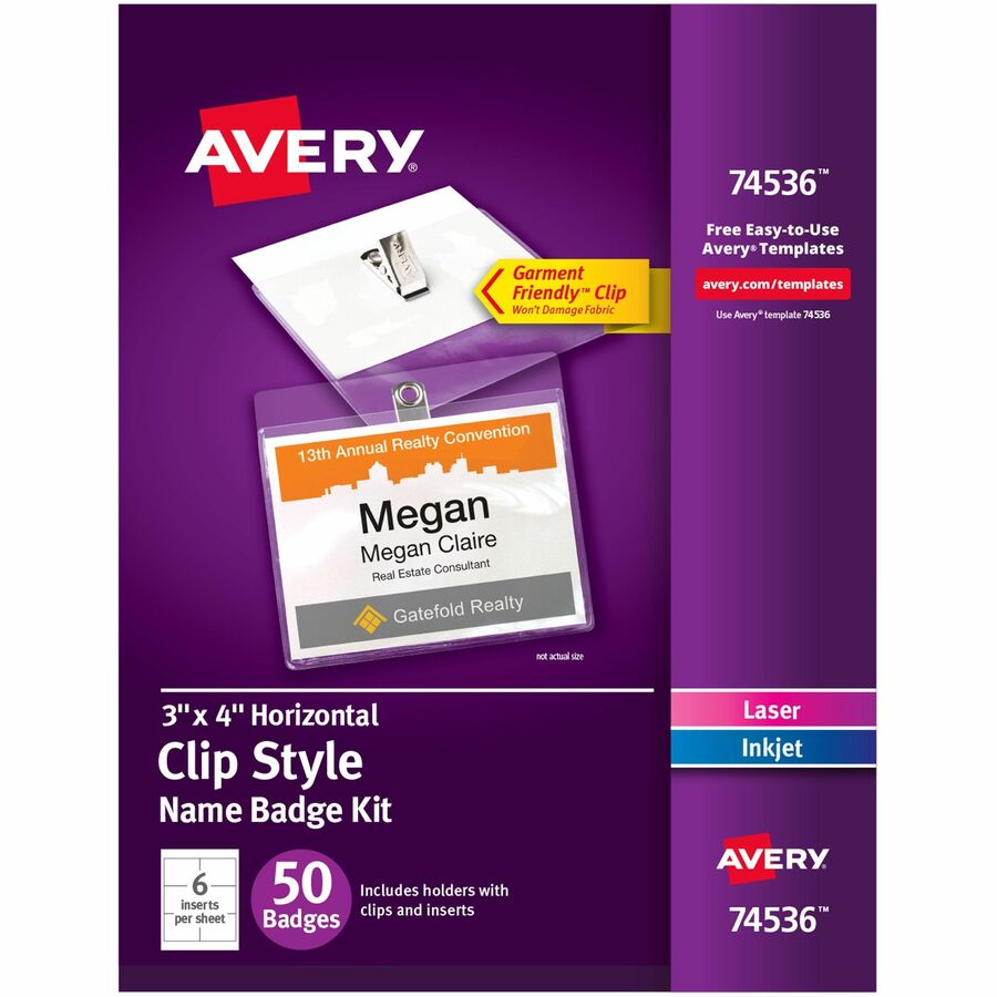 Avery&reg, Top-Loading Clip-Style Name Badges - Letter - 8 1/2" x 11" - Flexible, Reusable, Durable, Printable, Self-adhesive - White - 9 Sheets - 1 Carton
