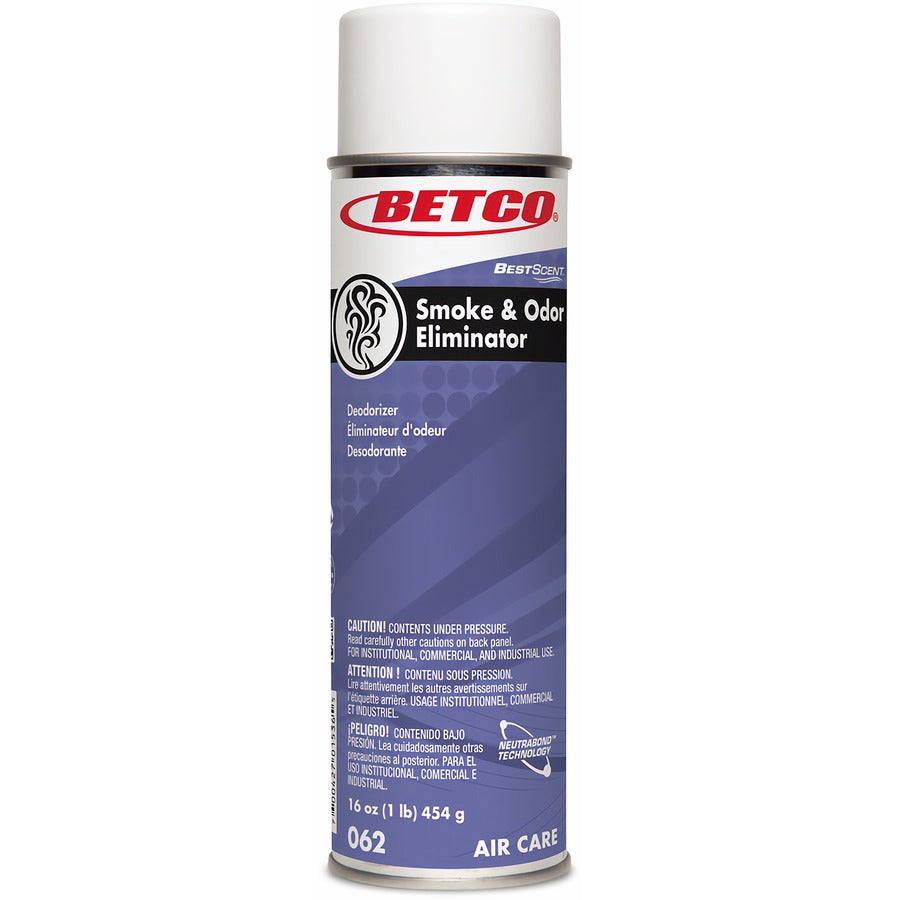 Betco BestScent Smoke/Odor Eliminator Aerosol - Aerosol - 500 Sq. ft. - 16 fl oz (0.5 quart) - Spring & Renewal - 12 / Carton