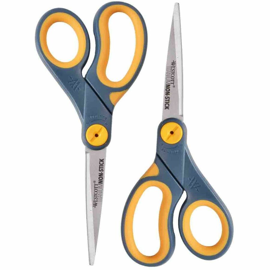 Westcott Titanium Bonded Non-Stick Scissors, 8" , Pointed, Gray/Yellow, Pack Of 2 - 8" Cutting Length - Left/Right - Stainless Steel - Pointed Tip - Gray, Yellow - 2 / Pack
